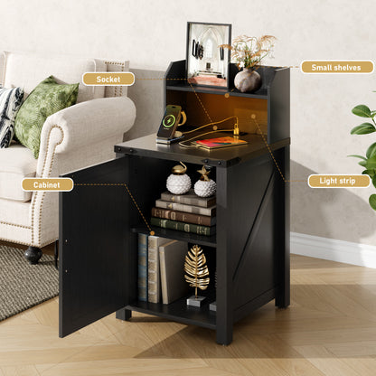 Farmhouse Nightstand with Charging Station - Black Particle Board