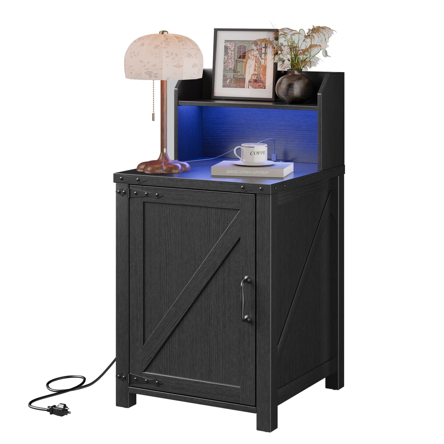 Farmhouse Nightstand with Charging Station - Black Particle Board
