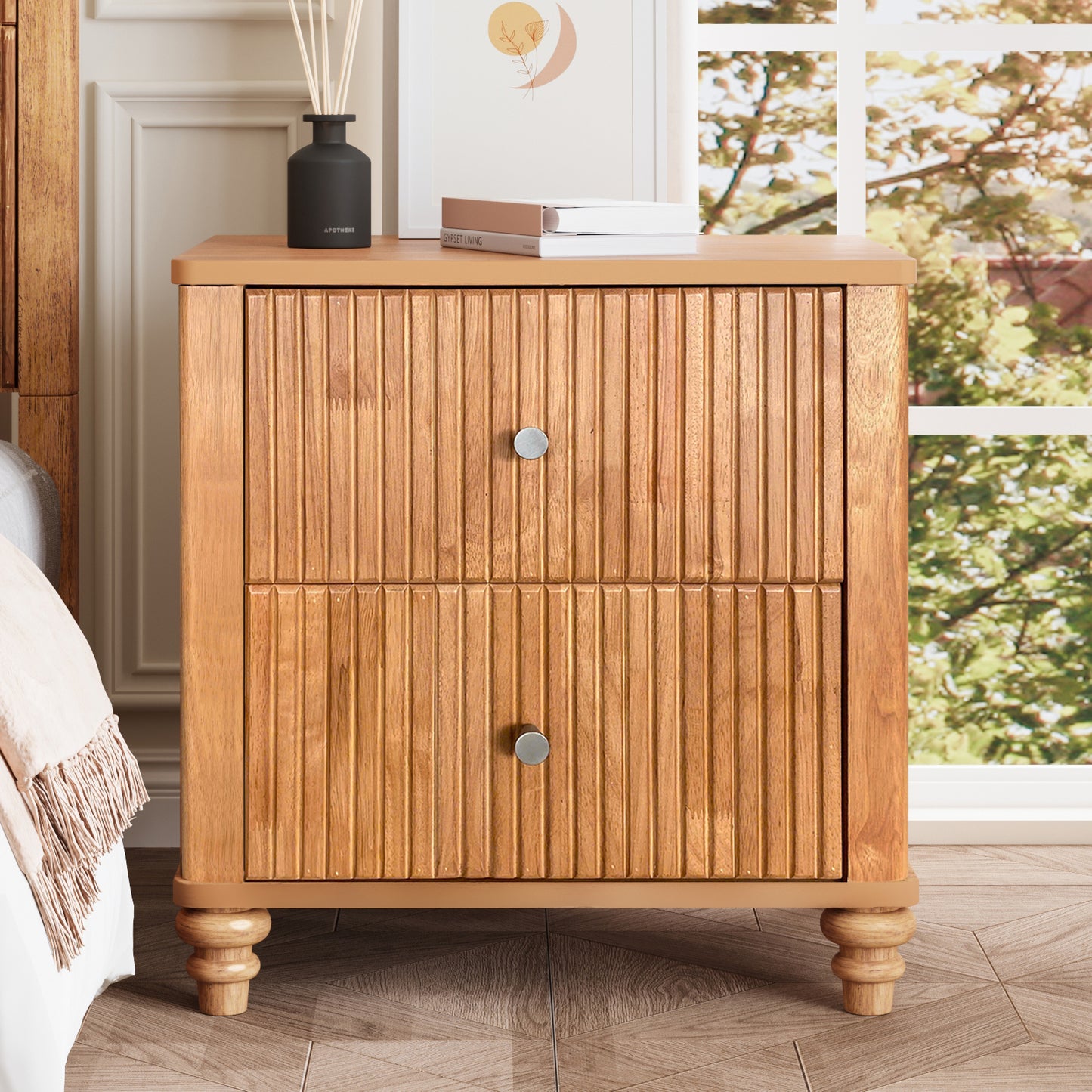 Fluted Nightstand, 21.65" Wide Side Table with 3 Drawers, Mid Century Modern Wood NightStand with Metal Handle, Wooden Bedside End Table for Bedroom, Living Room, Closet, Natural