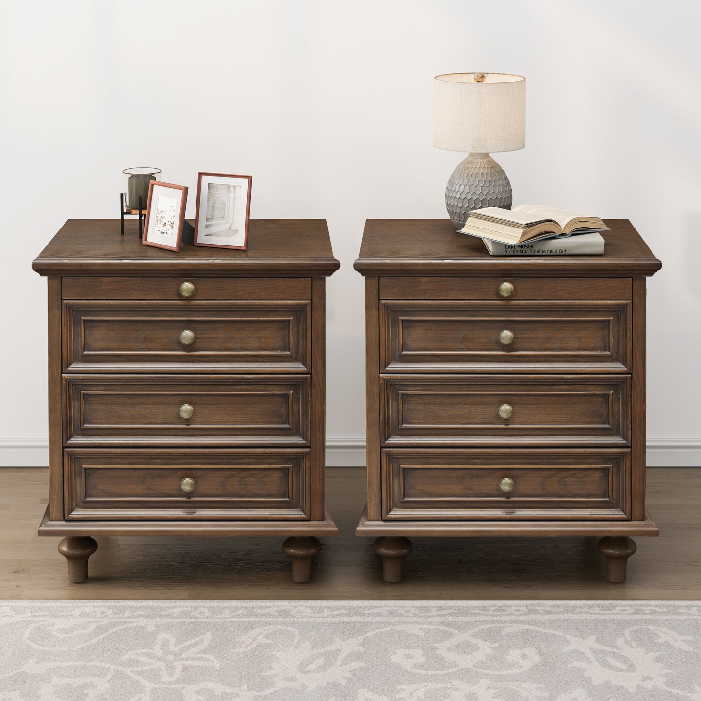Walnut Brown Ash Nightstand - 4 Drawers, MDF Metal for Bedroom