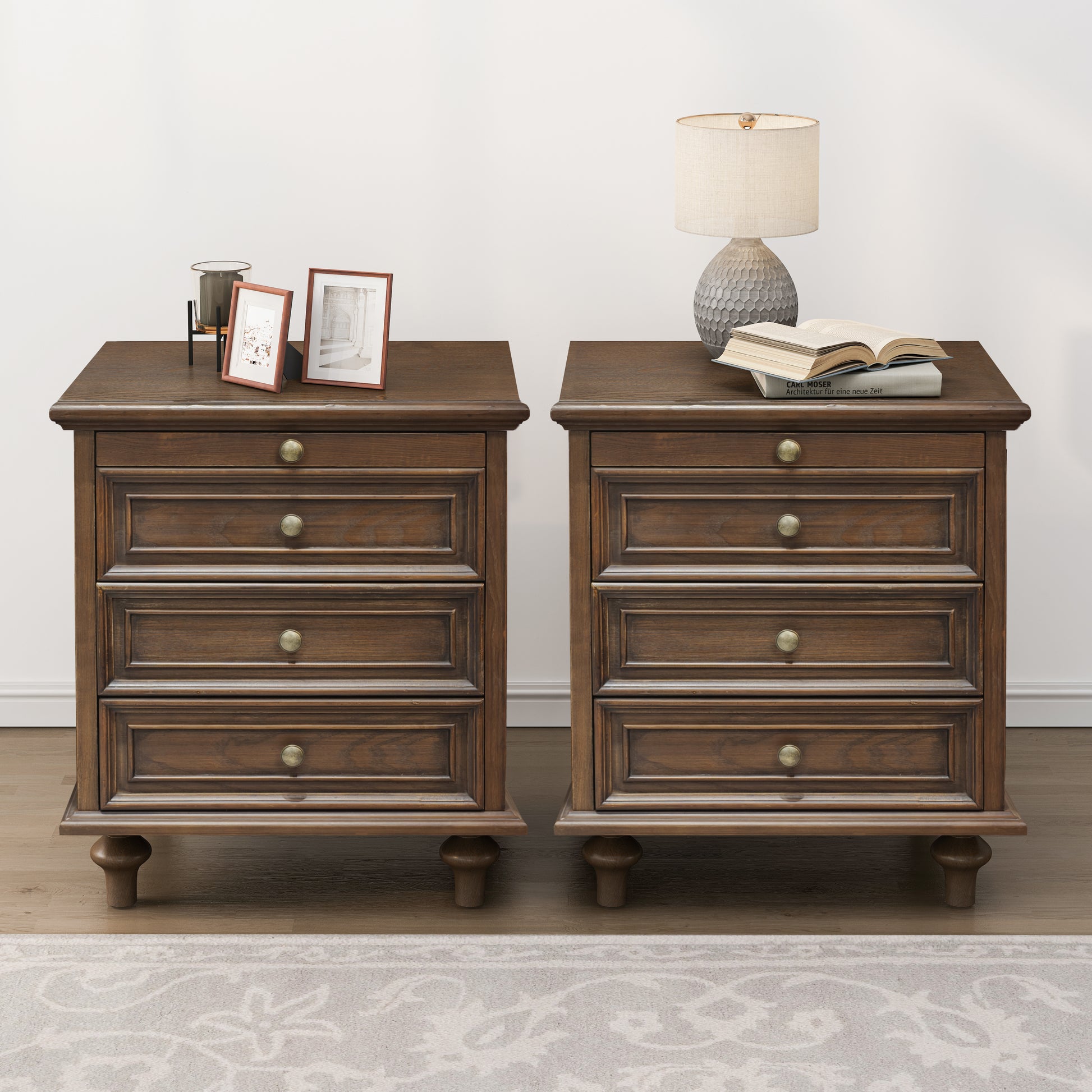Walnut Brown Ash Nightstand - 4 Drawers, MDF Metal for Bedroom