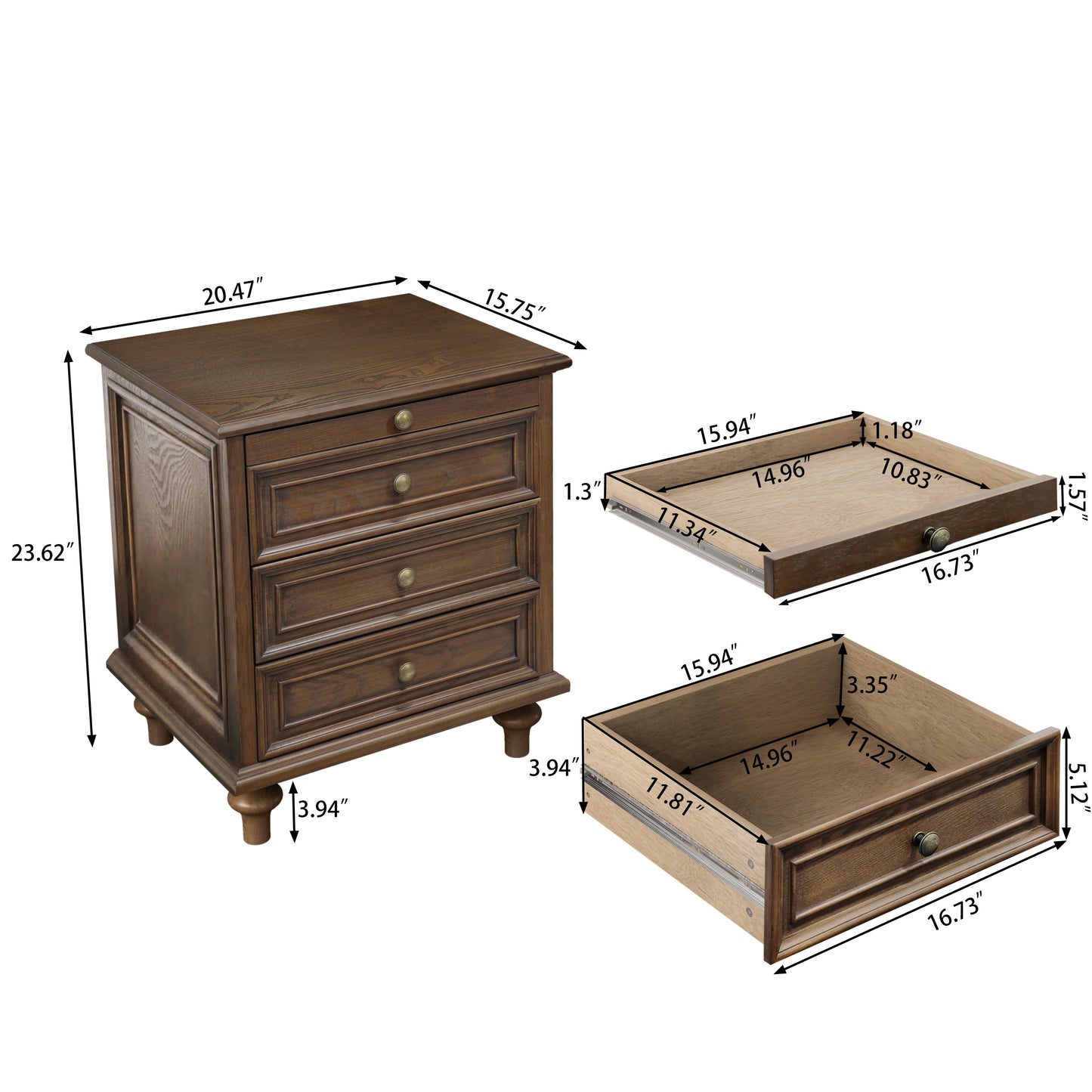 Walnut Brown Ash Nightstand - 4 Drawers, MDF Metal for Bedroom