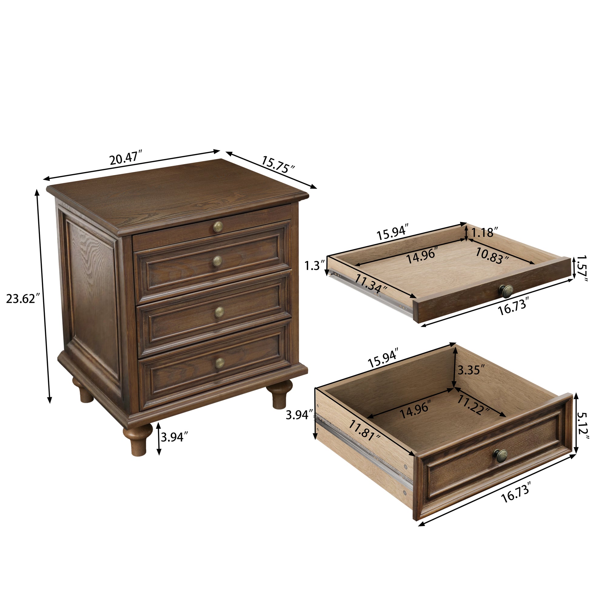 Walnut Brown Ash Nightstand - 4 Drawers, MDF Metal for Bedroom