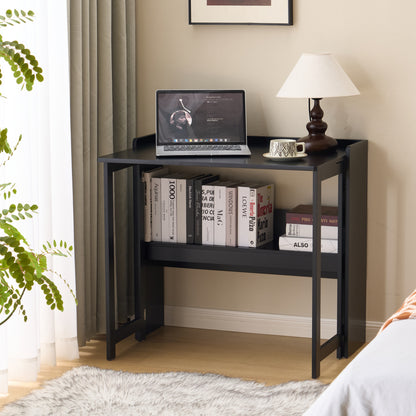 Folding Table with Storage Shelf,32.6 Inch Foldable Computer Desk for Small Spaces,Small Writing Desk for Bedroom  Home Office Dorm and Apartment,Black
