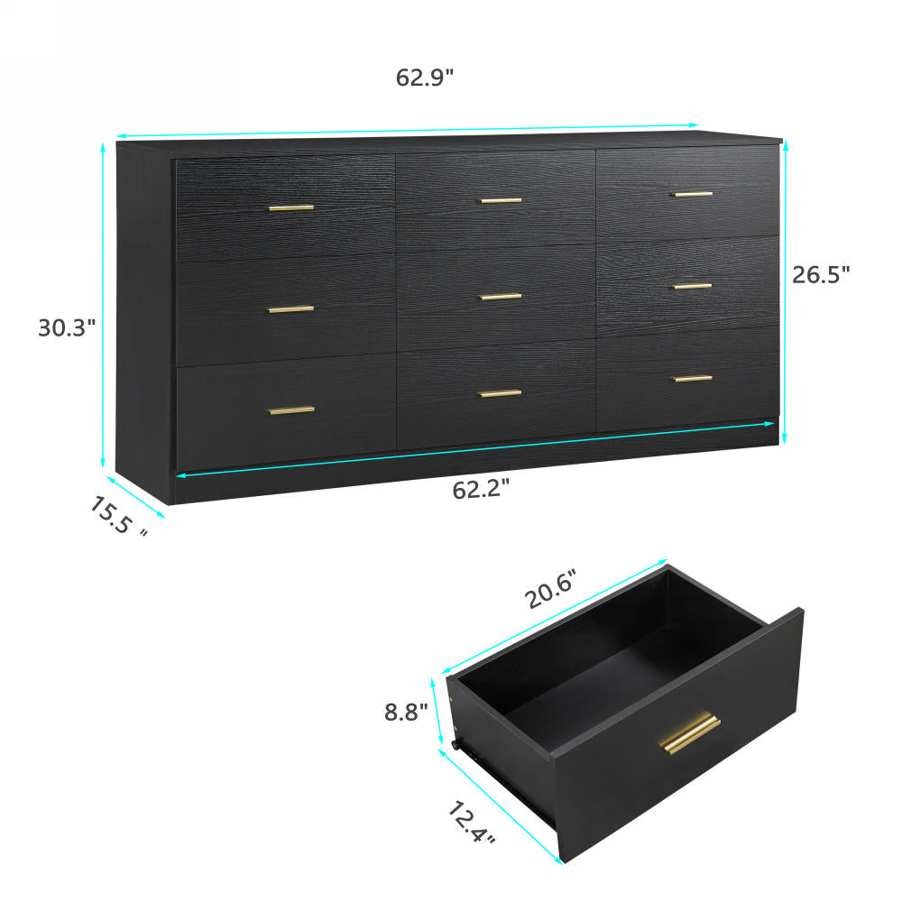 Black 9-Drawer Dresser - Bedroom Storage Chest