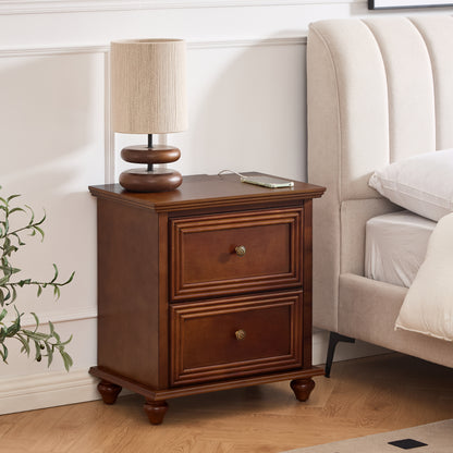 22.9" Mid Century Modern Nightstand with Charging Station & Outlet Hole & 2 Drawers, Wood End Table with Stroage, Side Cabinet with for Living Room Entryway Reception Room, Accent Side Table, Walnut