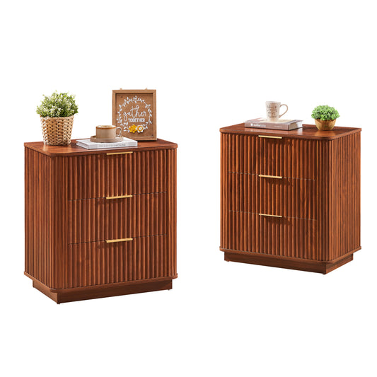 3 Drawers Nightstand Set of 2, 23.6'' Wide Modern Chest of Drawers Curved wave Design, Nightstand, Wood Drawer Organizer for Bedroom, Living Room, Hallway, Walnut,23.6''W x 15''D x 25.2''H.