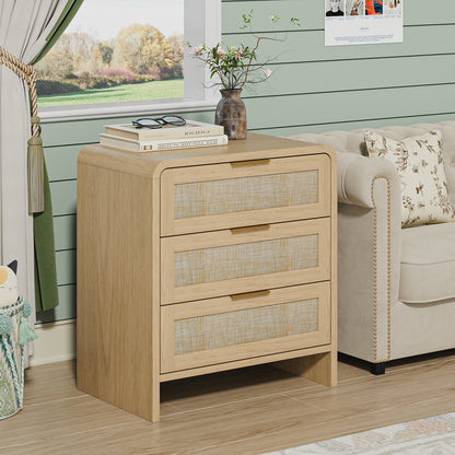 Rattan Nightstand 3 Drawers, 22.8" Wide Curved Wooden Bedside Table, Modern Storage for Bedroom, Natural Oak.