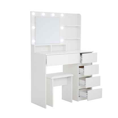 White Makeup Vanity Desk Set with Mirror & Lights - 4 Drawers