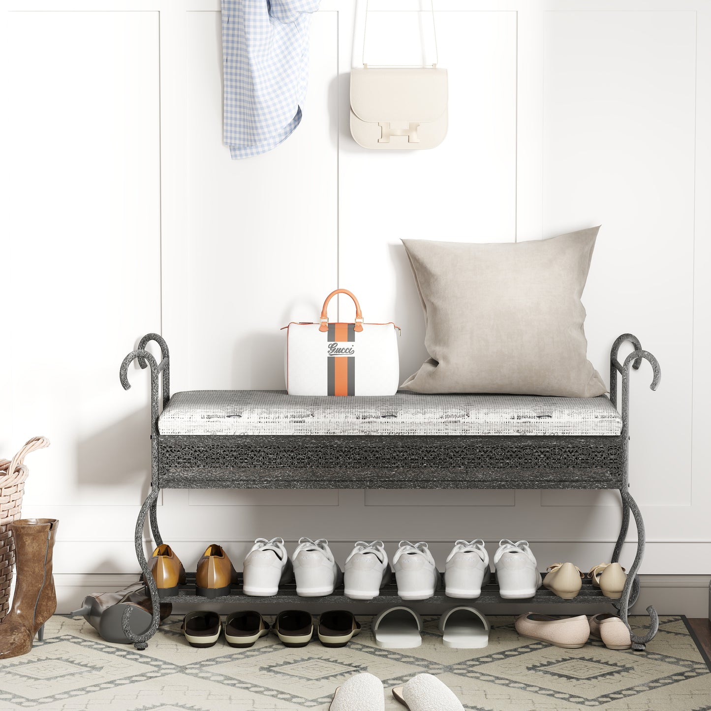 Shoe Rack Bench for Entryway, Industrial Bench, Rustic Shoe Rack for Small Spaces, Upholstered Entryway Bench, Multipurpose Entryway