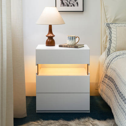 LED Nightstands 3 Drawer Dresser for Bedroom End Table with Acrylic Board LED Bedside Tables for Bedroom Living Room Bedside Furniture (White)