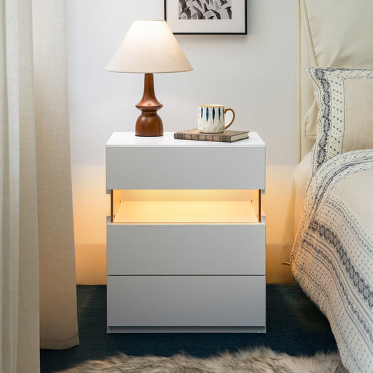 LED Nightstands 3 Drawer Dresser for Bedroom End Table with Acrylic Board LED Bedside Tables for Bedroom Living Room Bedside Furniture (White)