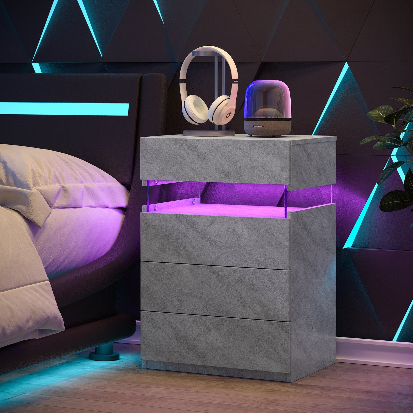 Grey Bedside Cabinet with 4 Drawers - Modern Nightstand