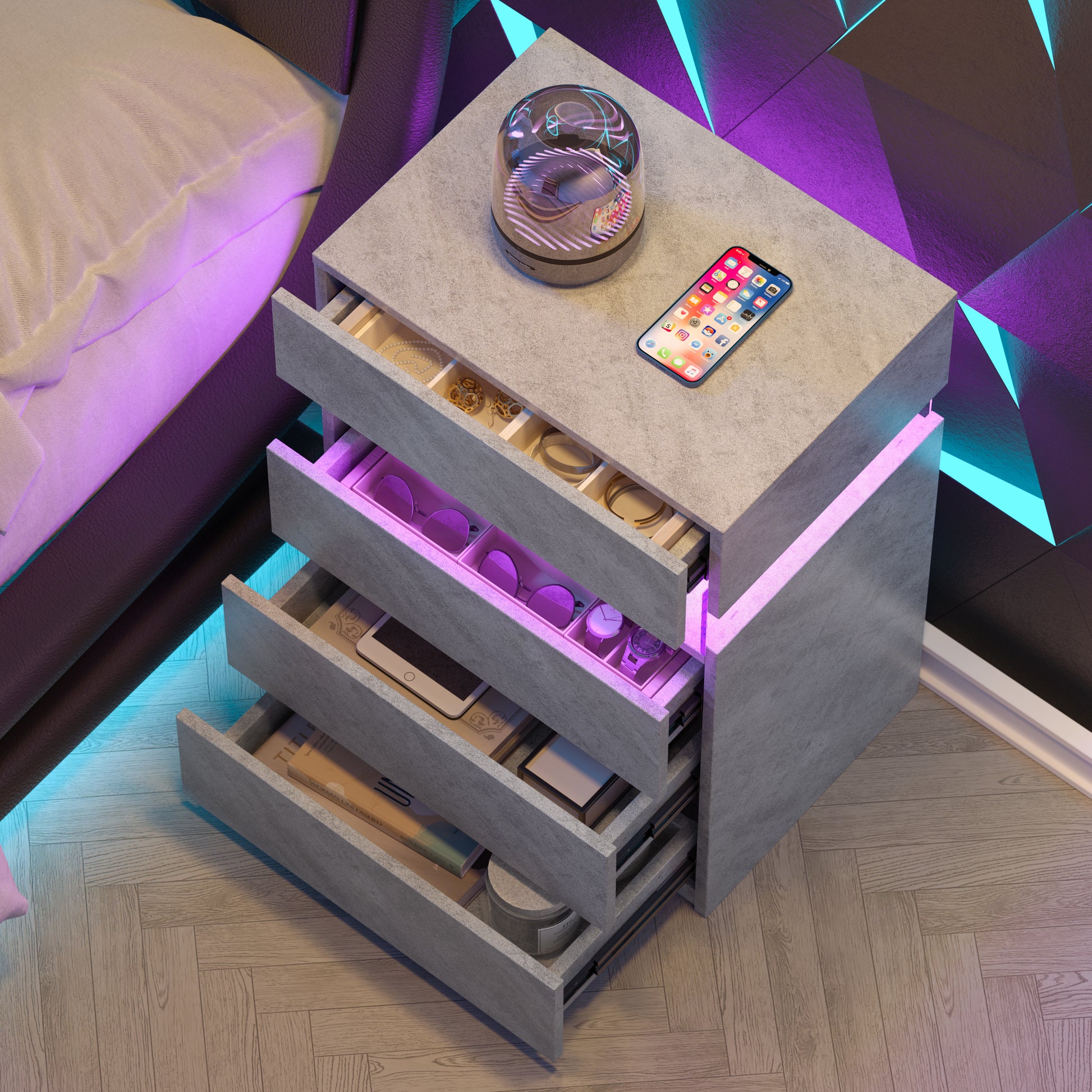 Grey Bedside Cabinet with 4 Drawers - Modern Nightstand