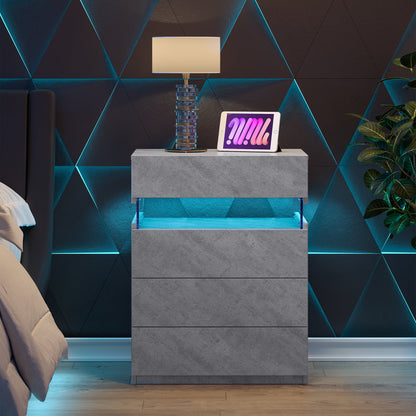 Nightstand with LED Lights, Adjustable Light Colors, Bedside Table, Side Table with 4 Drawers, Modern Style,Grey