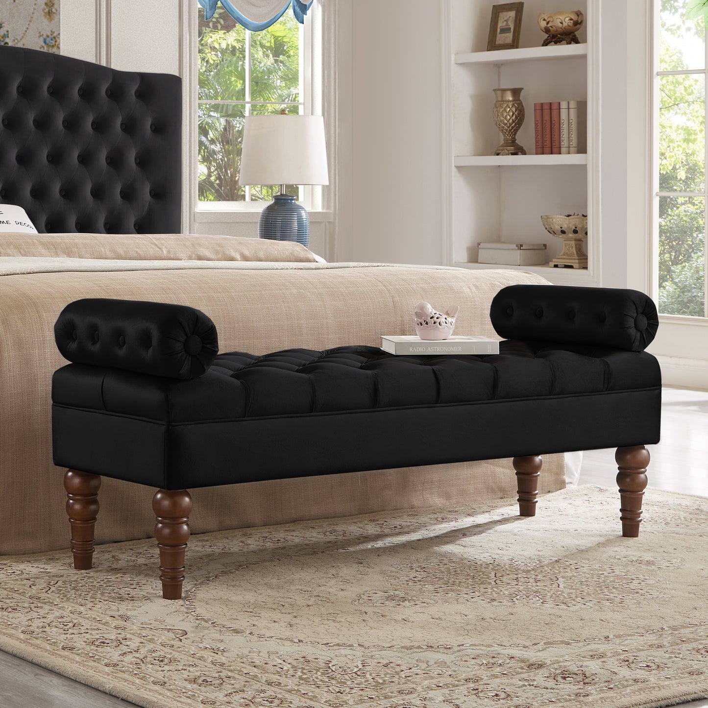 Velvet Long bed Bench for Bedroom,Upholstered Window Bench with Tufted Button,Entryway Bench,Bolster Bench for Living Room-Black