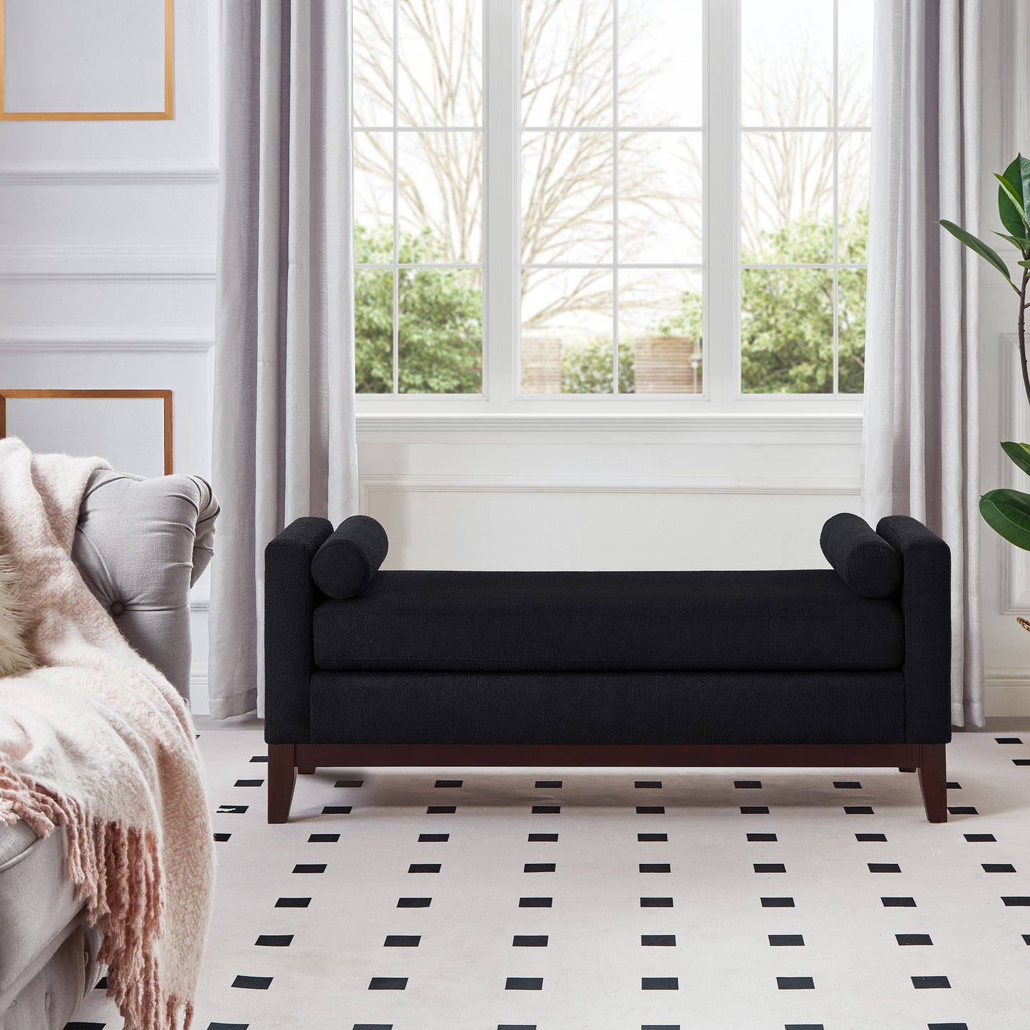 Black Boucle Bench with Pillows for Bedroom Entryway Seating