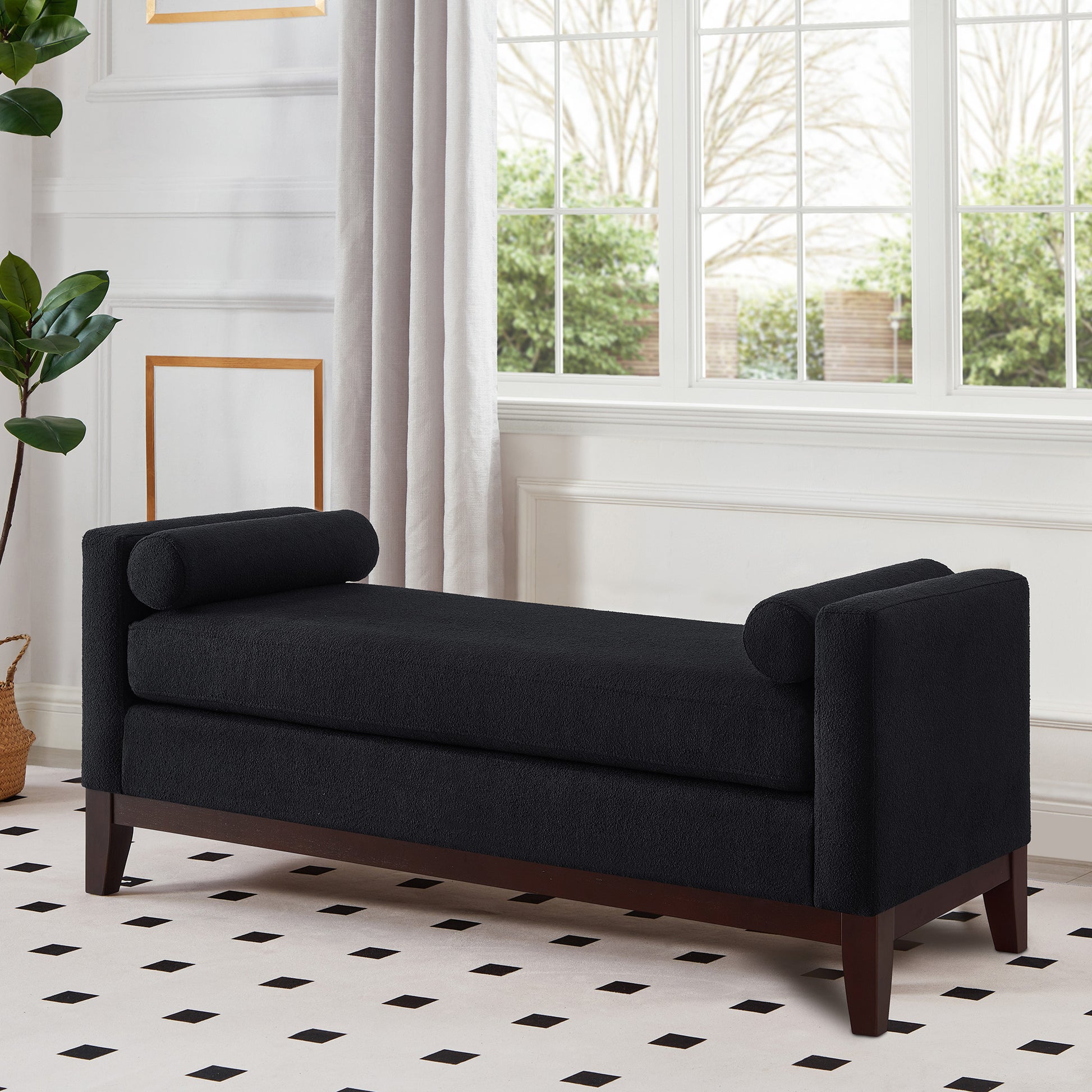 Black Boucle Bench with Pillows for Bedroom Entryway Seating