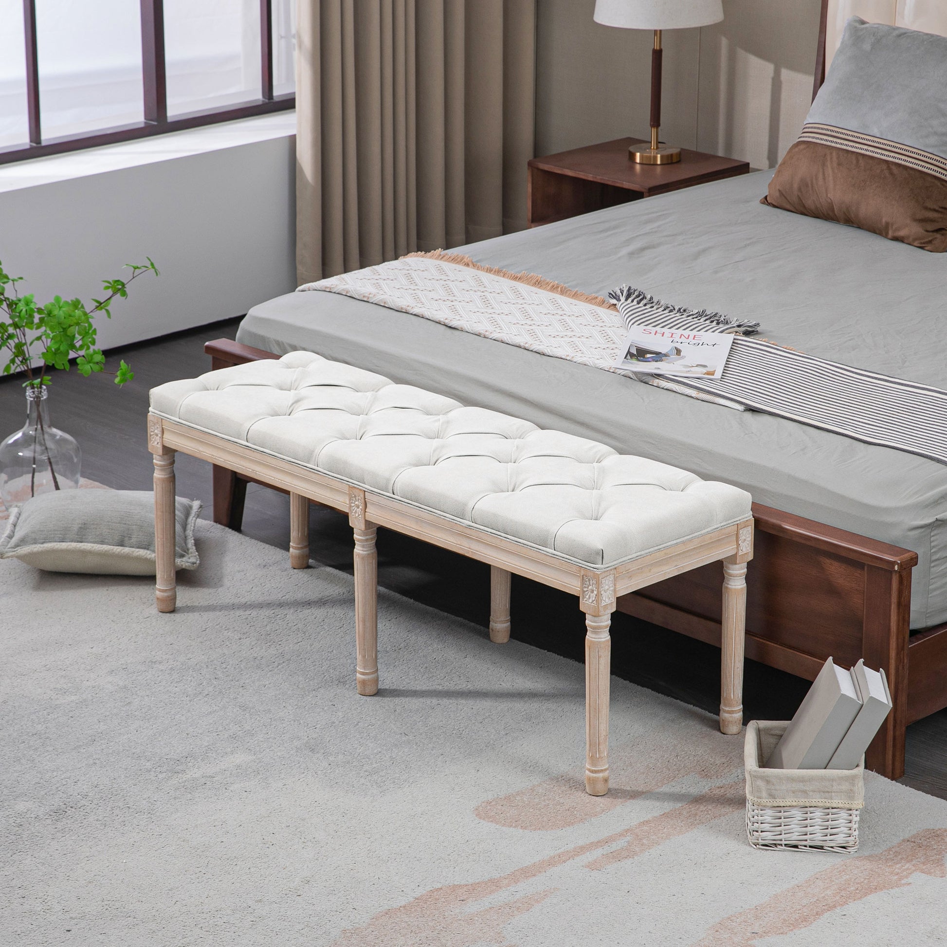 Cream White Tufted End of Bed Bench for Guest Room Seating for Bedroom