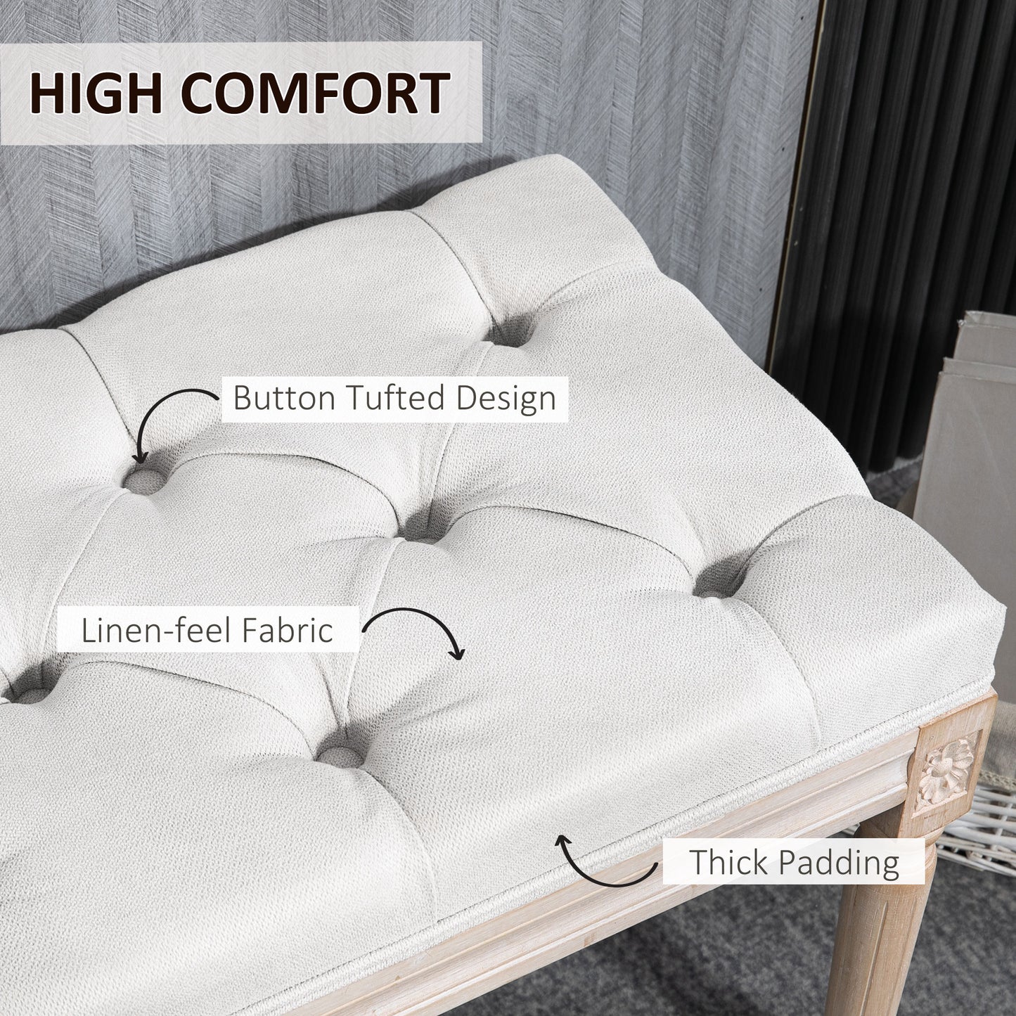 Cream White Tufted End of Bed Bench for Guest Room Seating for Bedroom