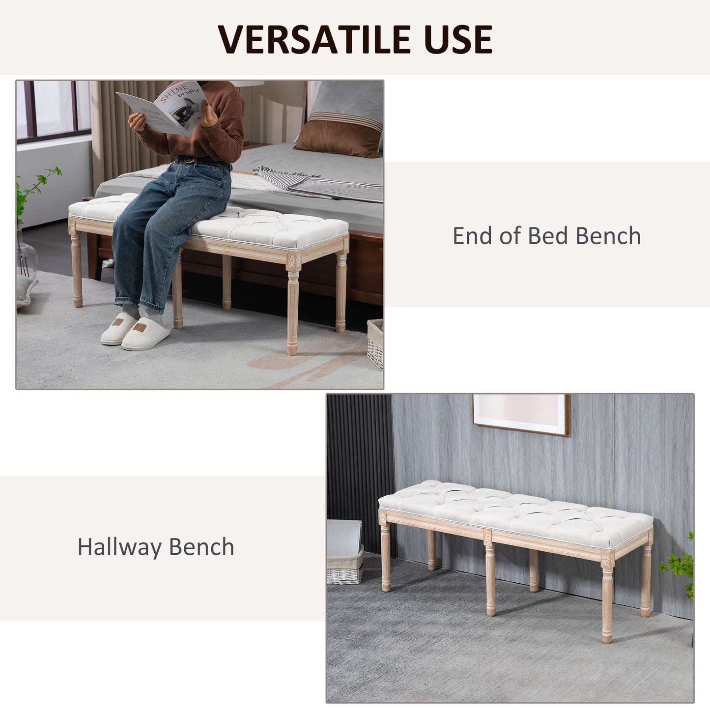 Cream White Tufted End of Bed Bench for Guest Room Seating for Bedroom
