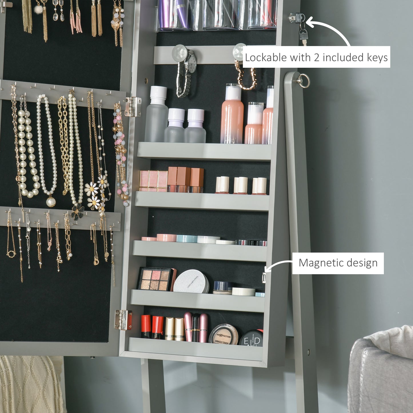 Grey MDF Jewelry Armoire with Mirror and LED Lights for Bedroom Storage