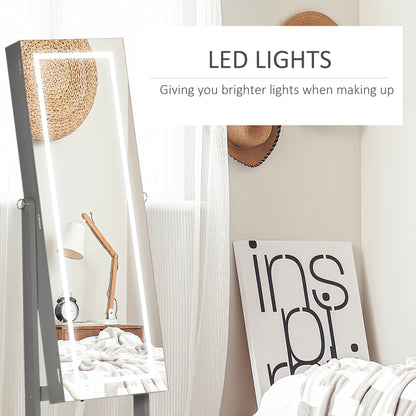 Grey MDF Jewelry Armoire with Mirror and LED Lights for Bedroom Storage
