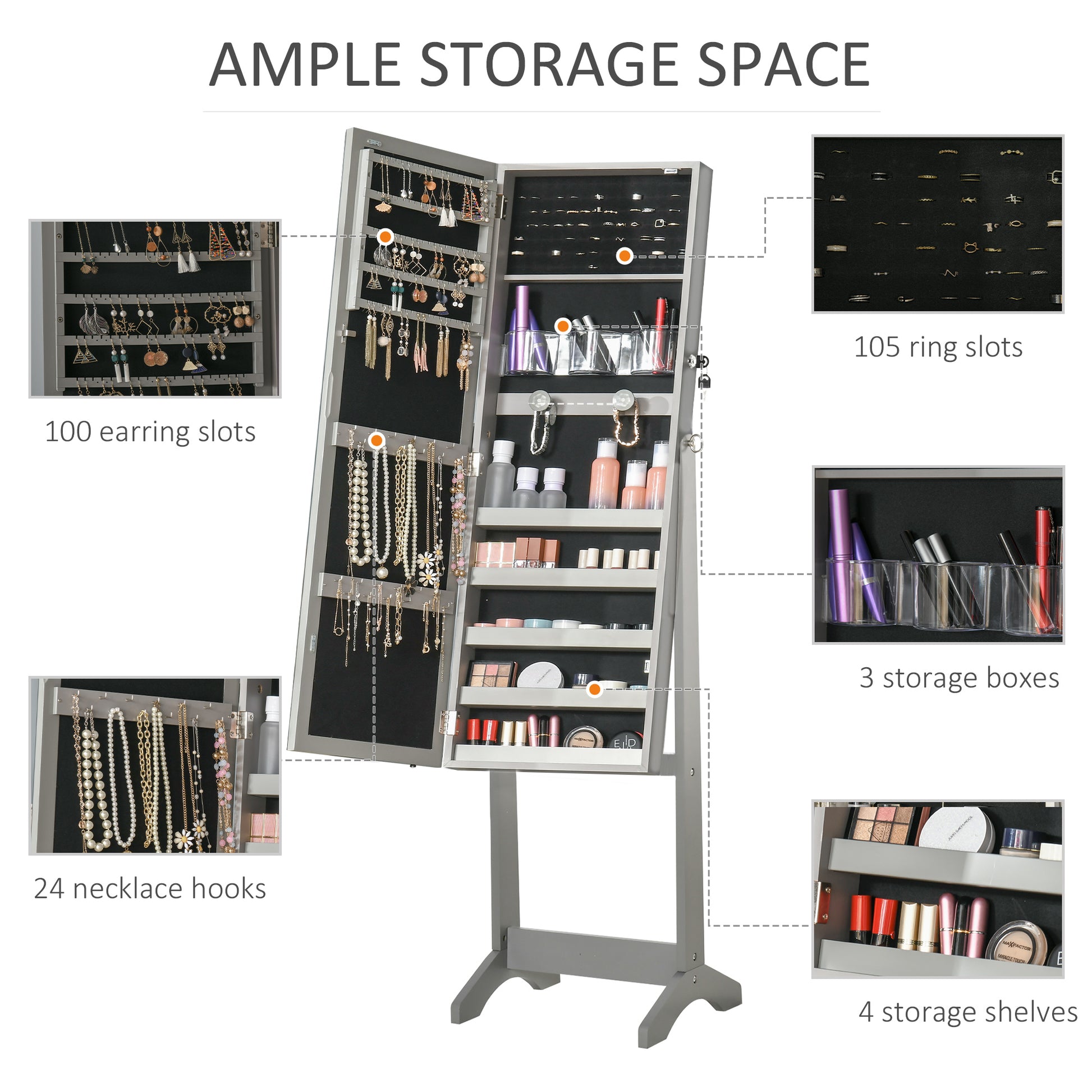 Grey MDF Jewelry Armoire with Mirror and LED Lights for Bedroom Storage