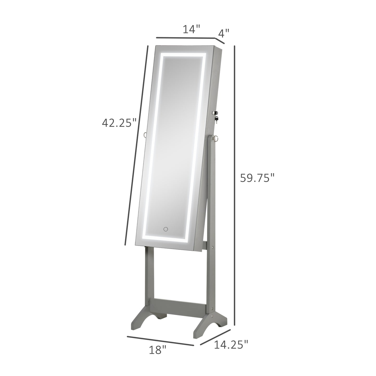 Grey MDF Jewelry Armoire with Mirror and LED Lights for Bedroom Storage