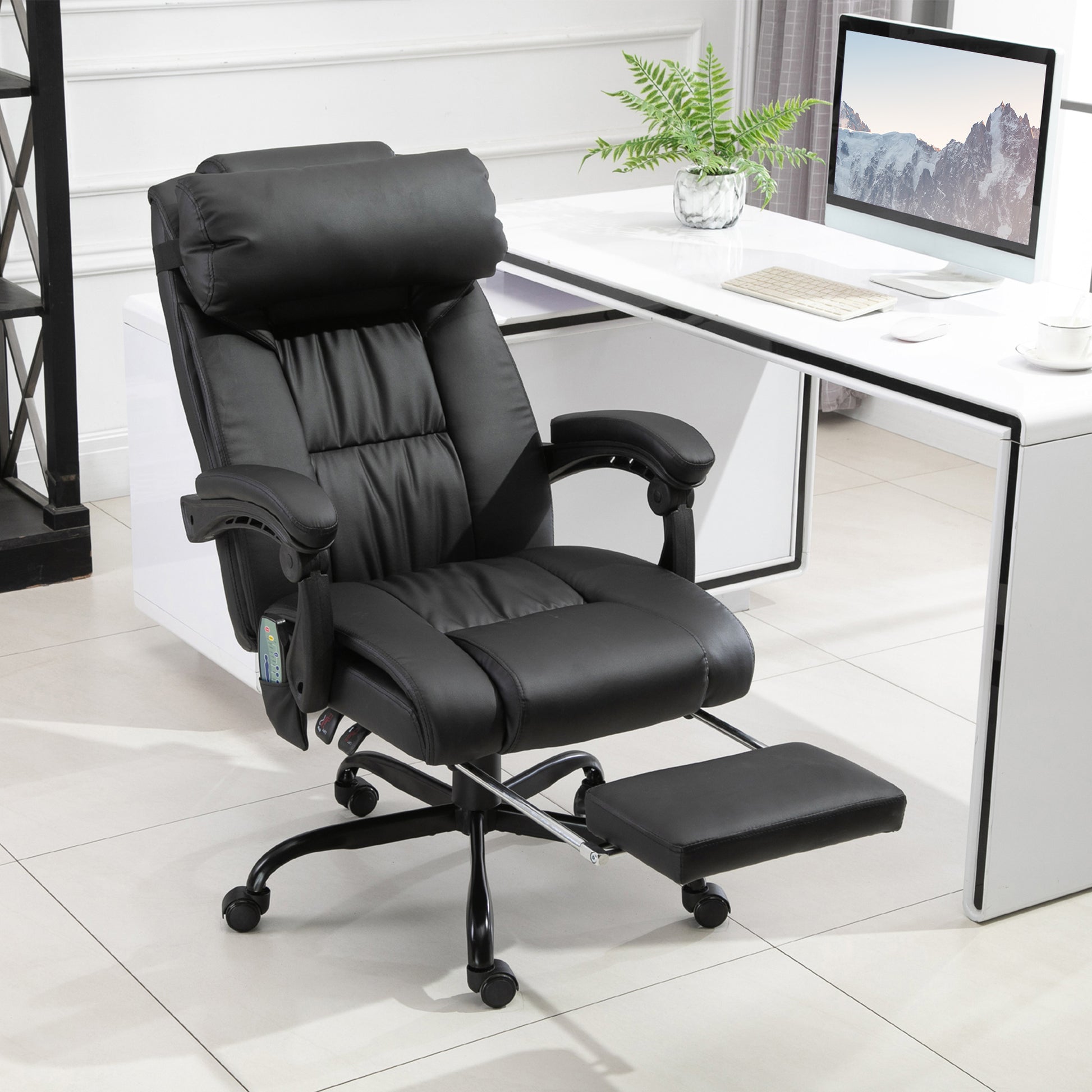 Black Faux Leather Massage Office Chair with Footrest for Productivity