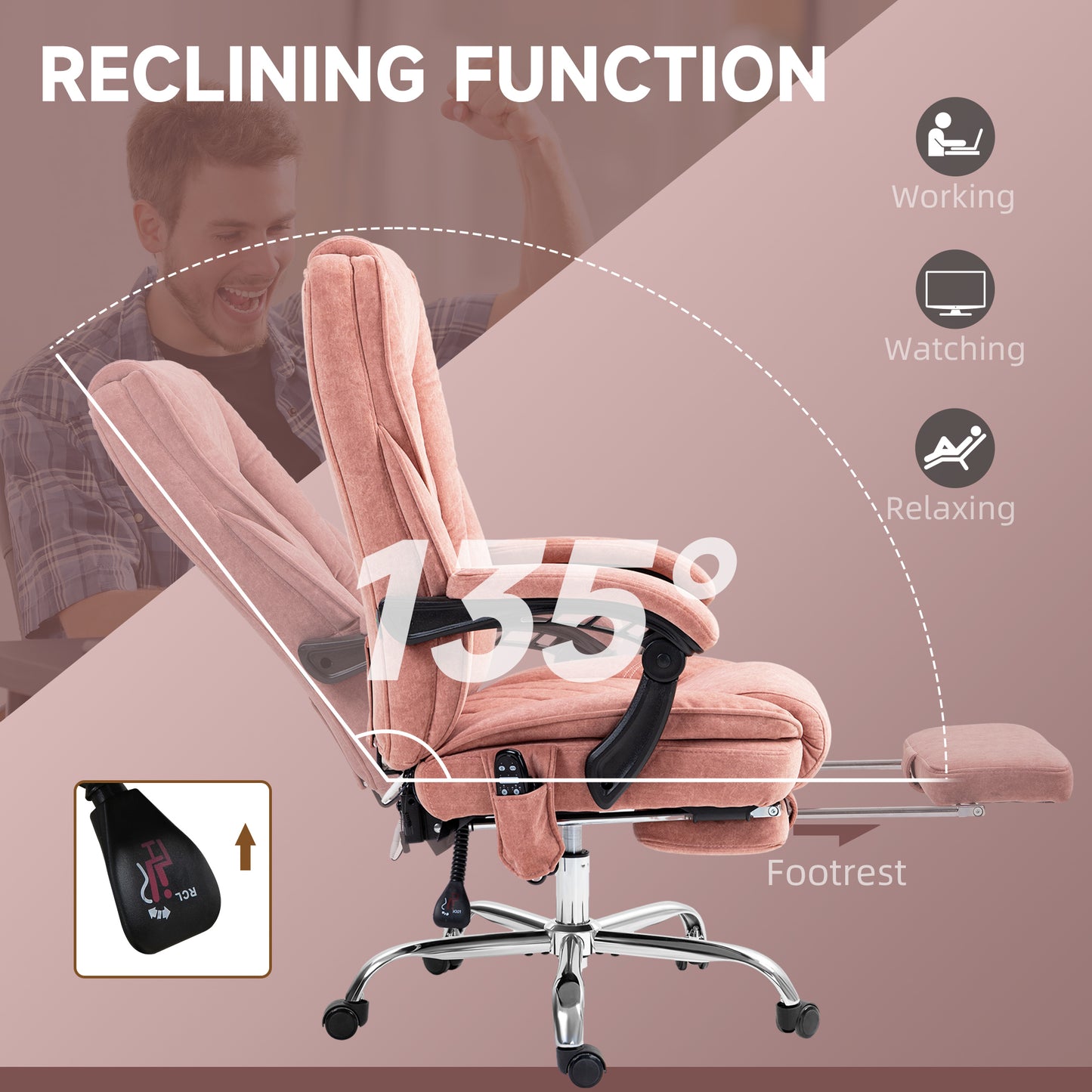 Pink Massage Office Chair with Foot Rest - Work From Home Comfort