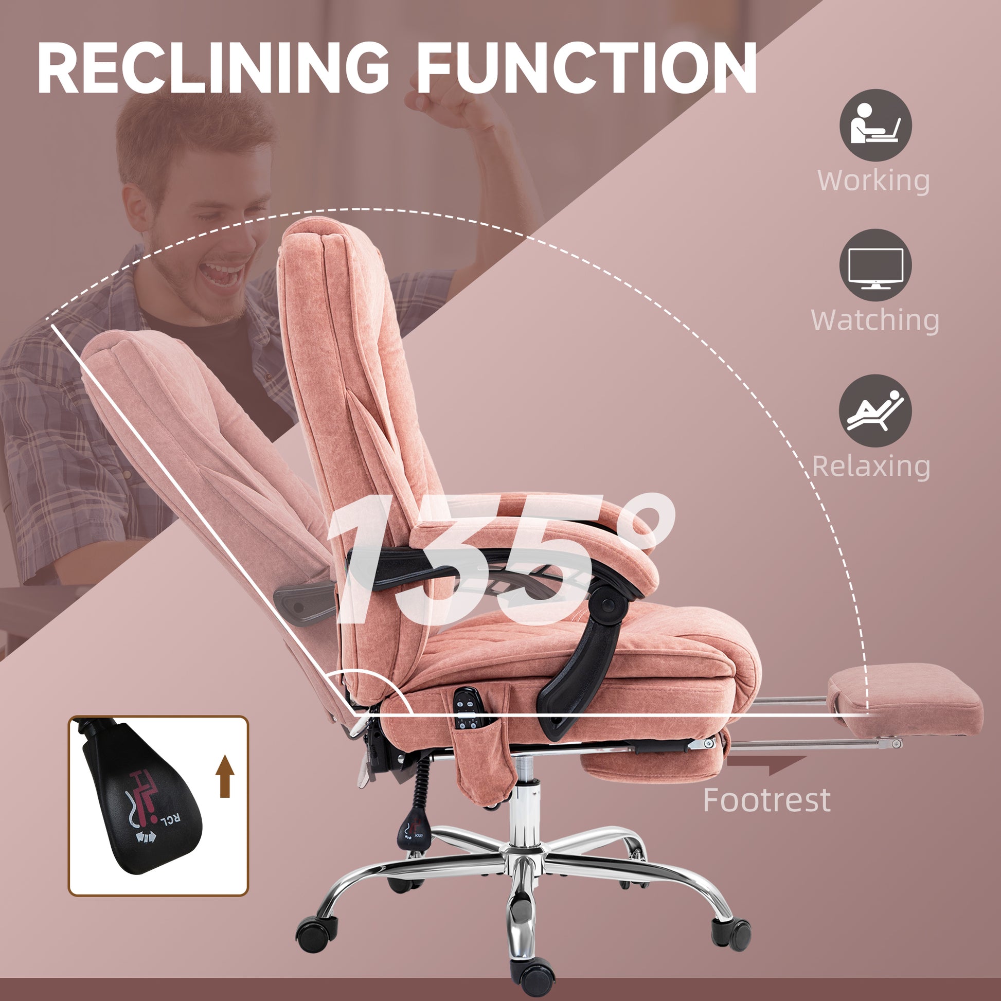 Pink Massage Office Chair with Foot Rest - Work From Home Comfort