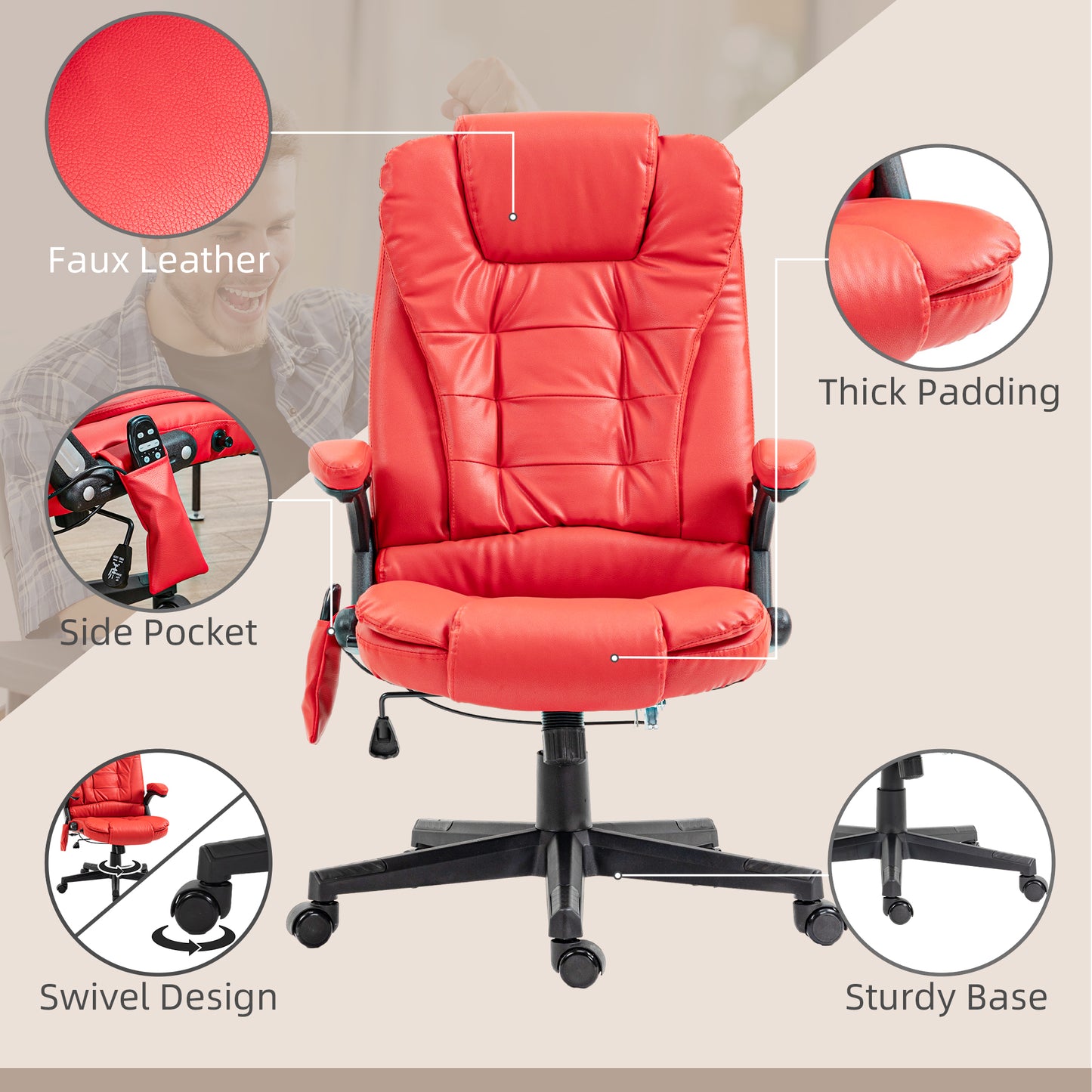 Red PU Massage Office Chair - Vibration Recliner