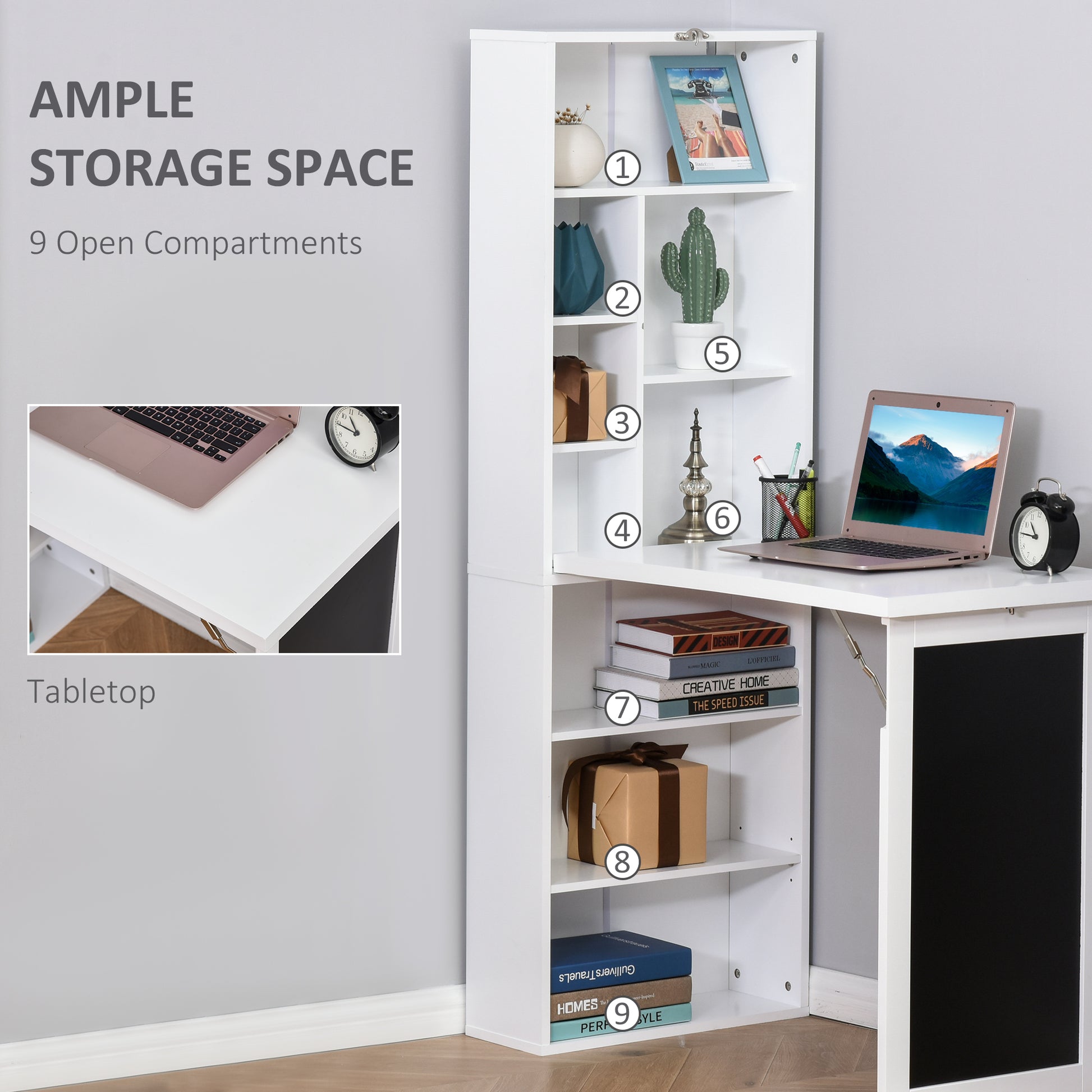 Foldable Computer Desk with Storage Shelf - White for Home Office