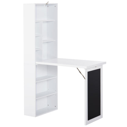 HOMCOM Fold-out Convertible Writing Table Wall Mount Desk Cabinet with Blackboard and Side Shelf Multi-Function Home Office Workstation, White