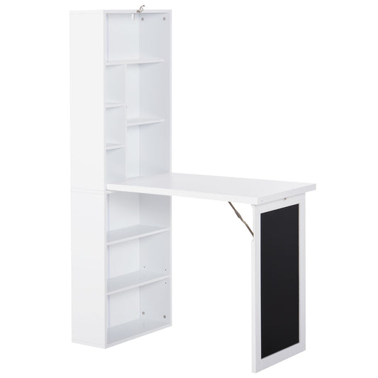 HOMCOM Fold-out Convertible Writing Table Wall Mount Desk Cabinet with Blackboard and Side Shelf Multi-Function Home Office Workstation, White
