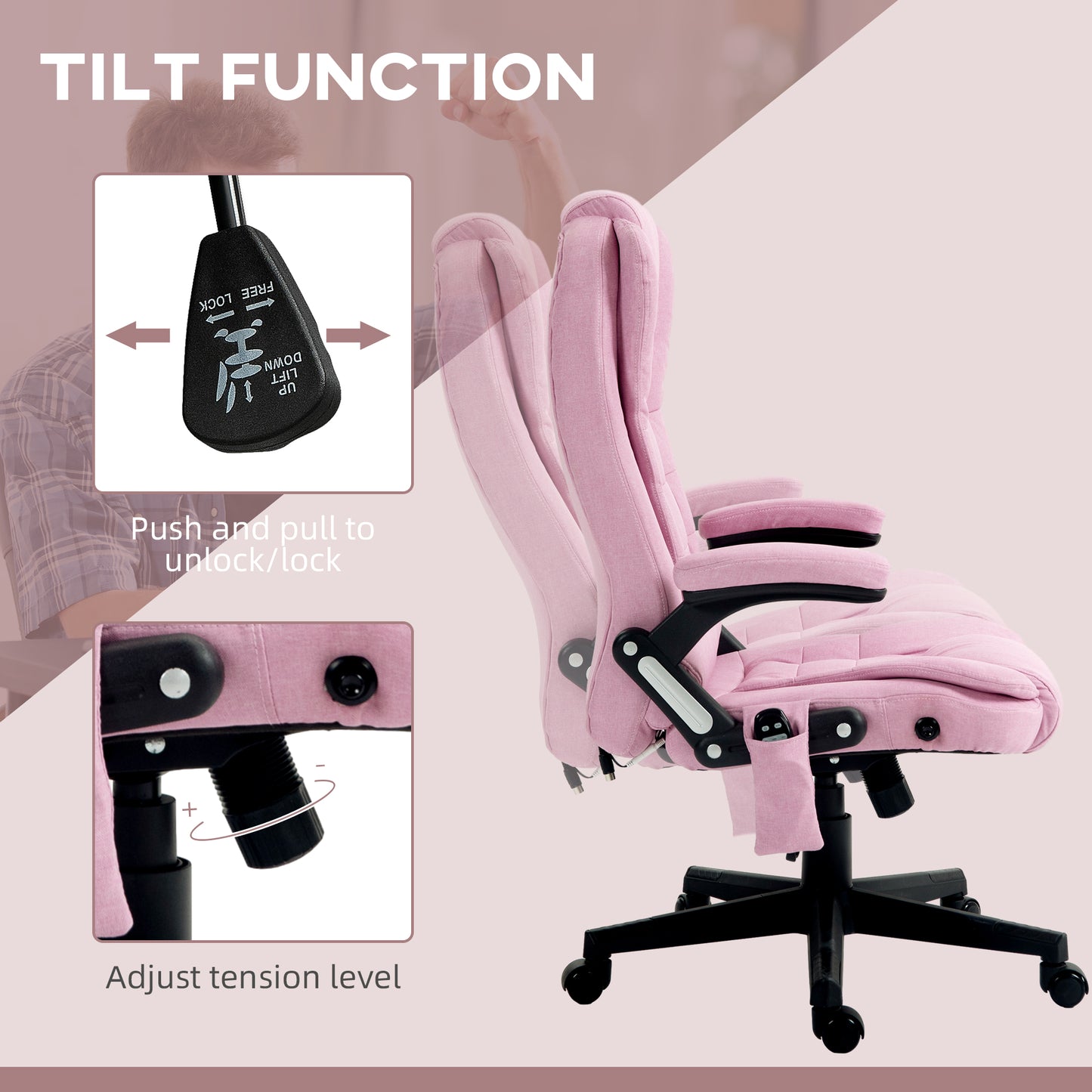 Pink Vibrating Massage Office Chair - Adjustable Height