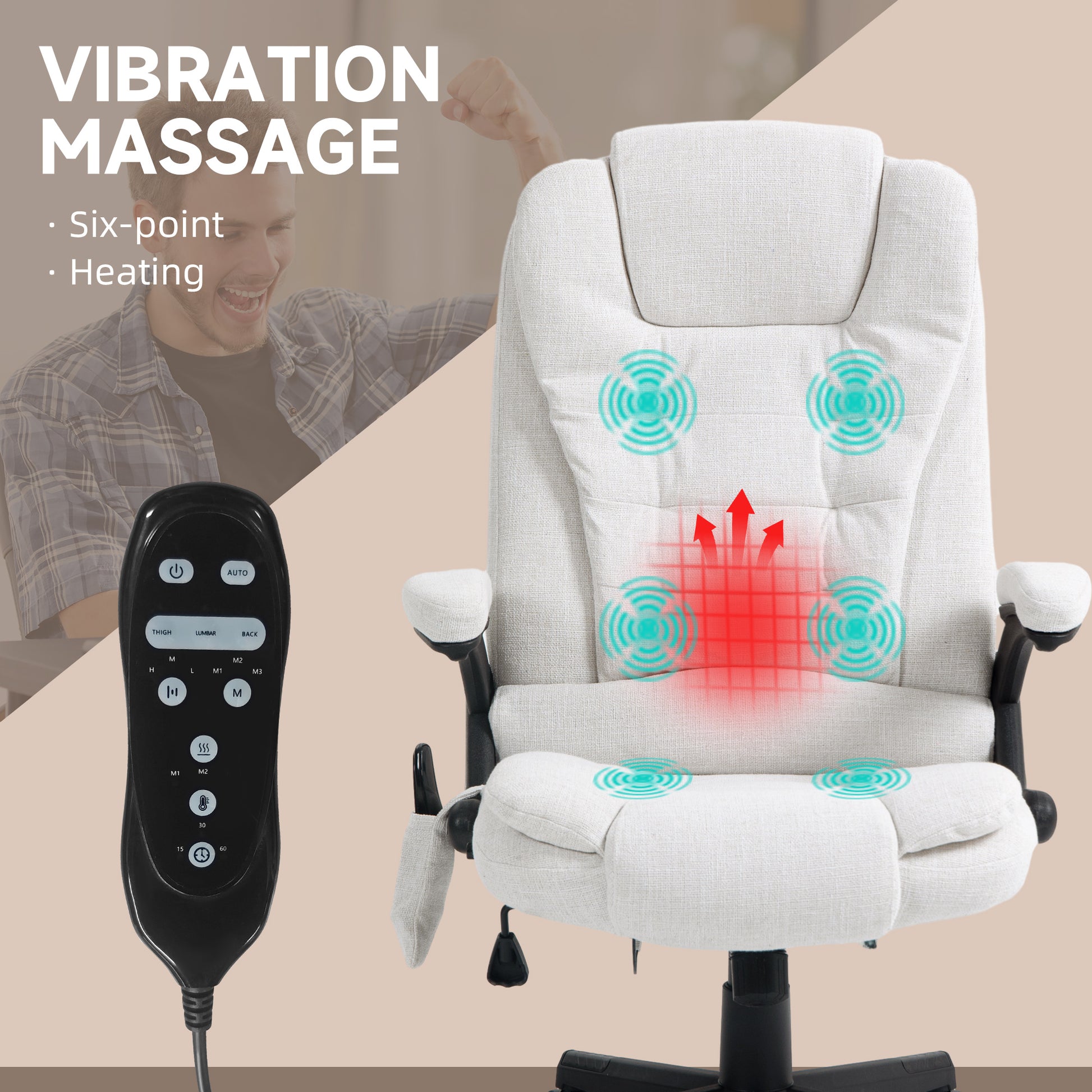 HOMCOM Massage Office Chair - Cream White, 6 Point Vibration & Heat