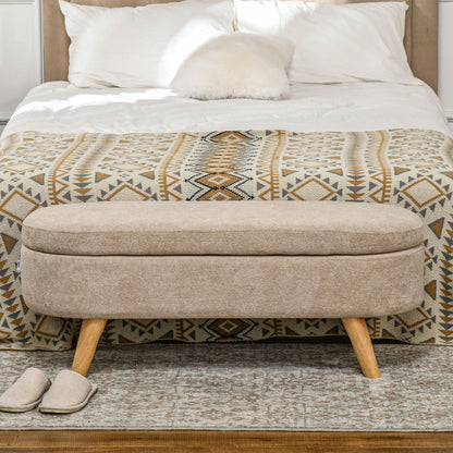Beige Polyester Bed Bench with Storage - 43.3" Oval Ottoman for Bedroom