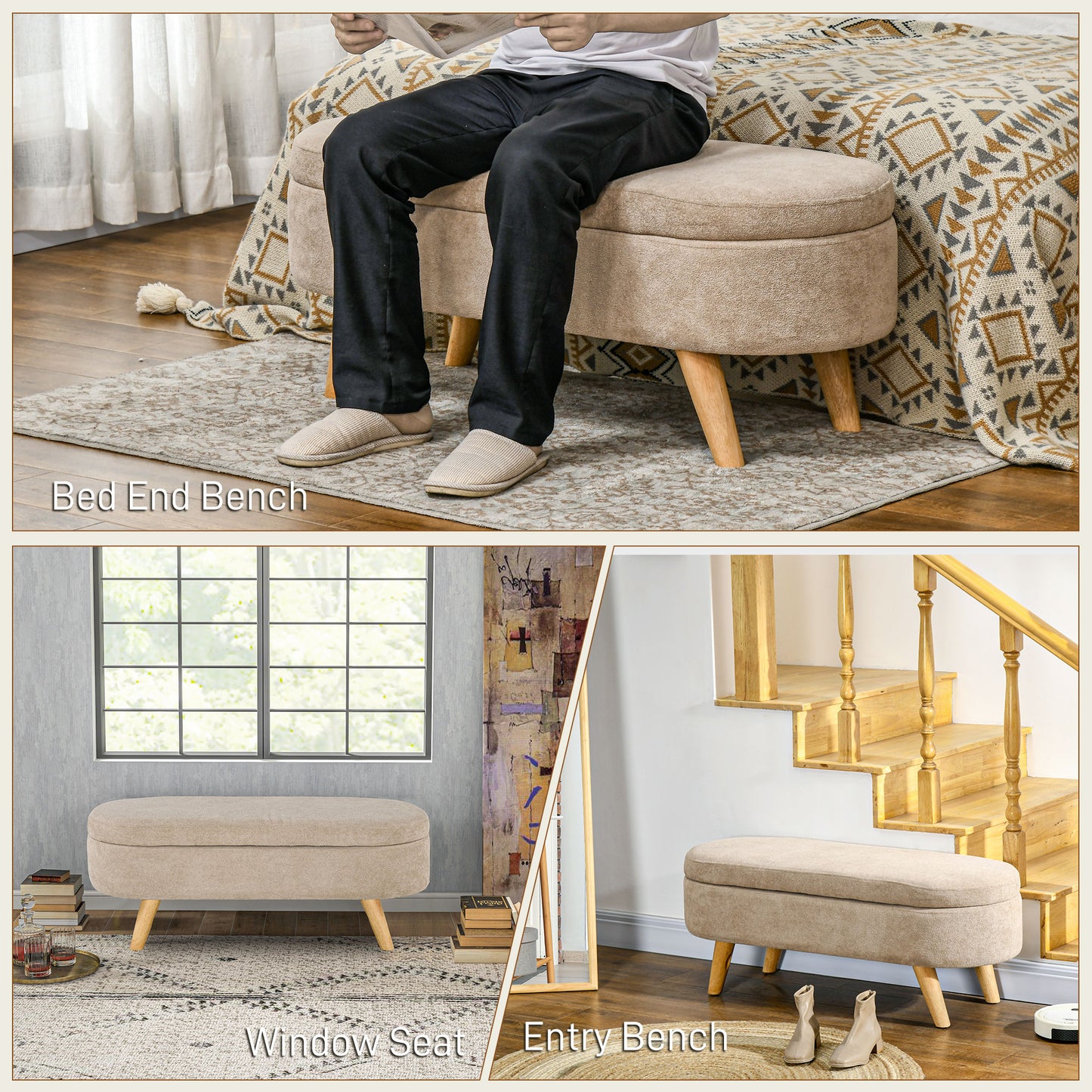 Beige Polyester Bed Bench with Storage - 43.3" Oval Ottoman for Bedroom