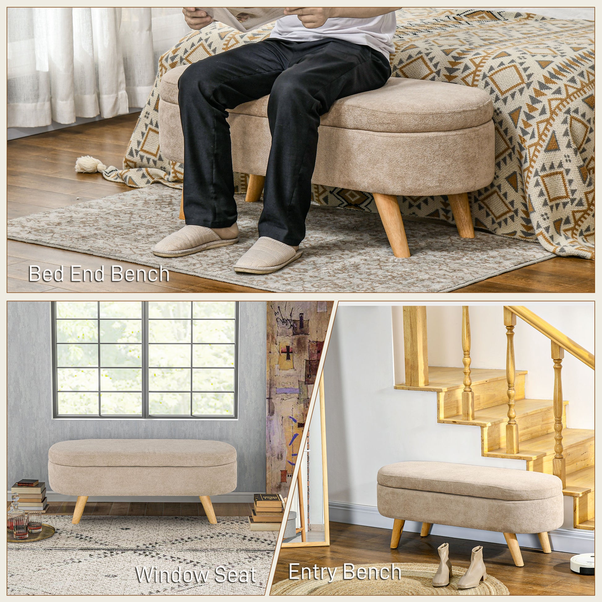 Beige Polyester Bed Bench with Storage - 43.3" Oval Ottoman for Bedroom