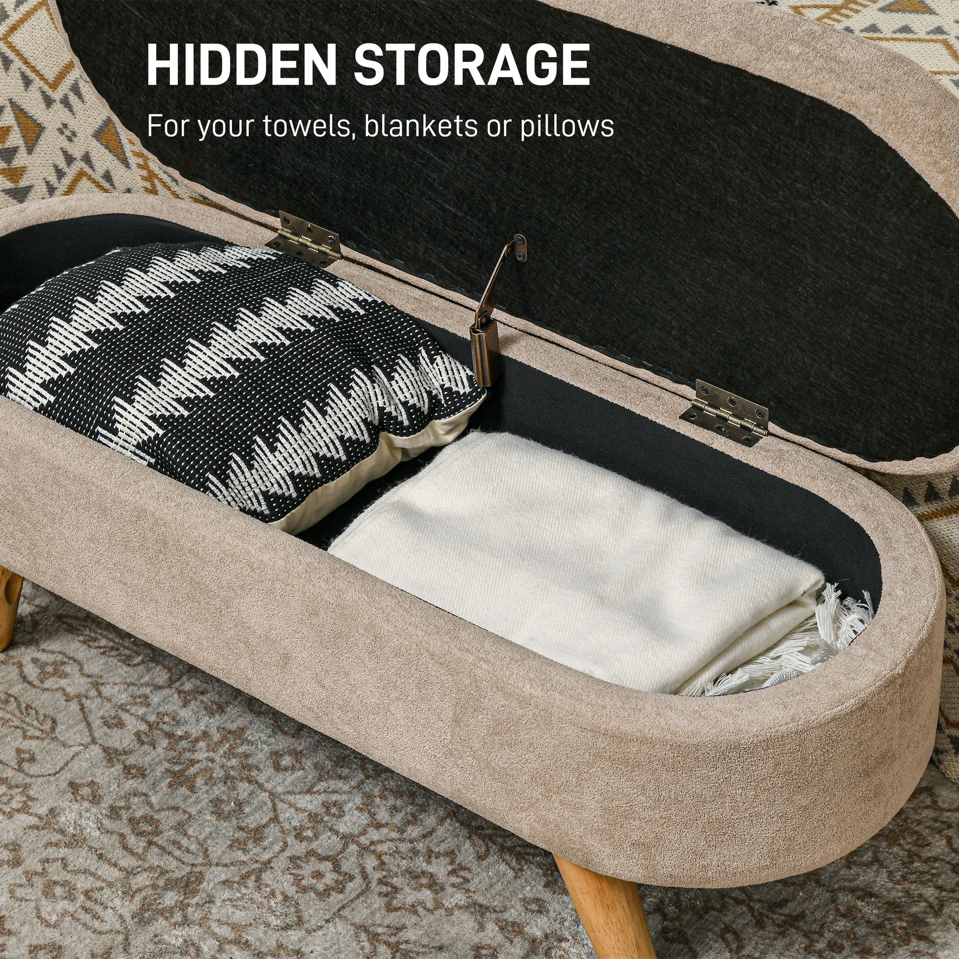 Beige Polyester Bed Bench with Storage - 43.3" Oval Ottoman for Bedroom