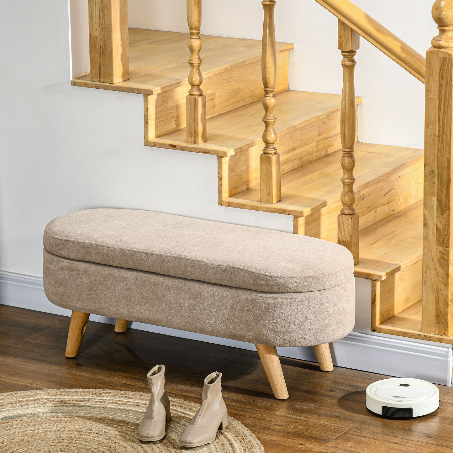 Beige Polyester Bed Bench with Storage - 43.3" Oval Ottoman for Bedroom