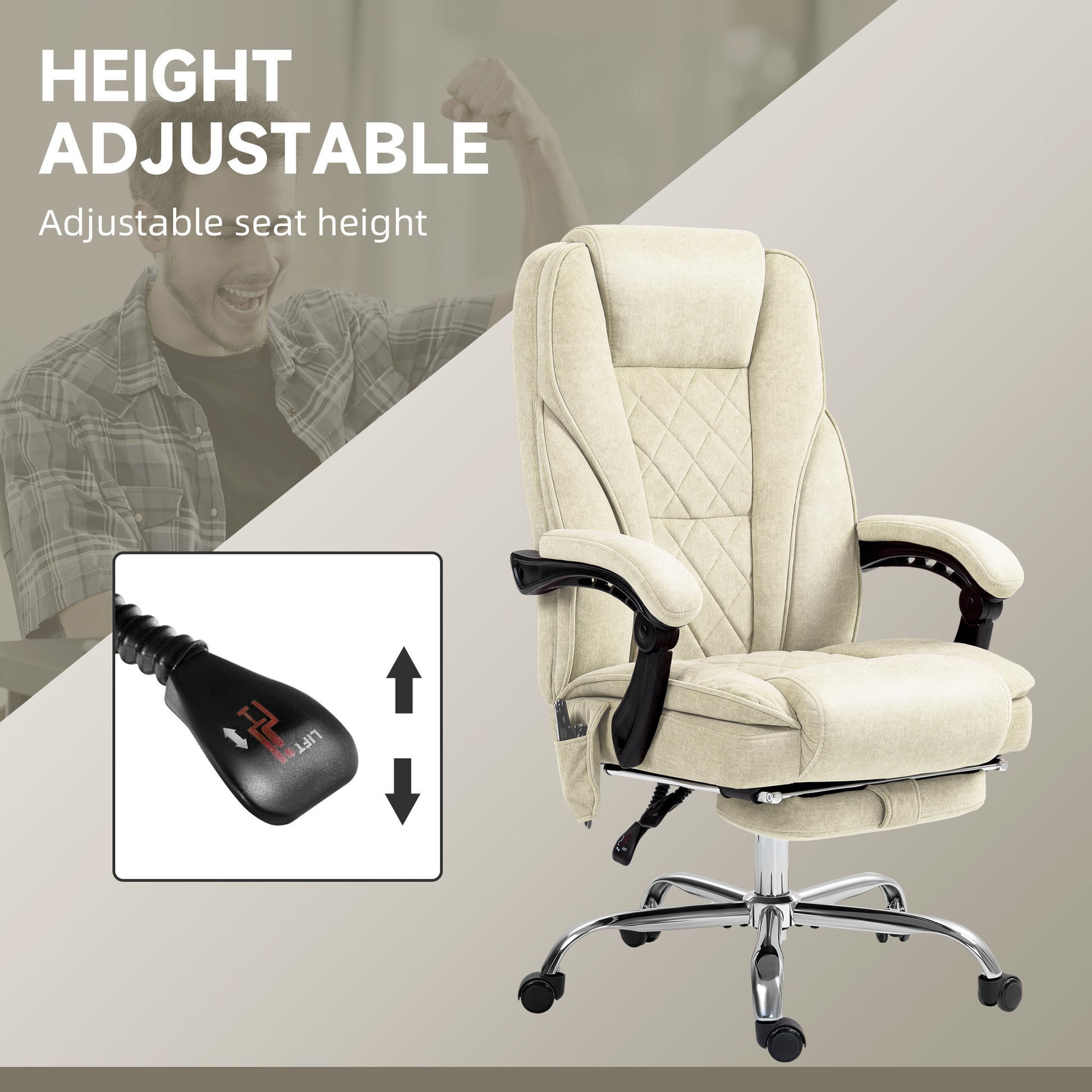 Beige Massage Office Chair with Footrest - Reclining & Heat
