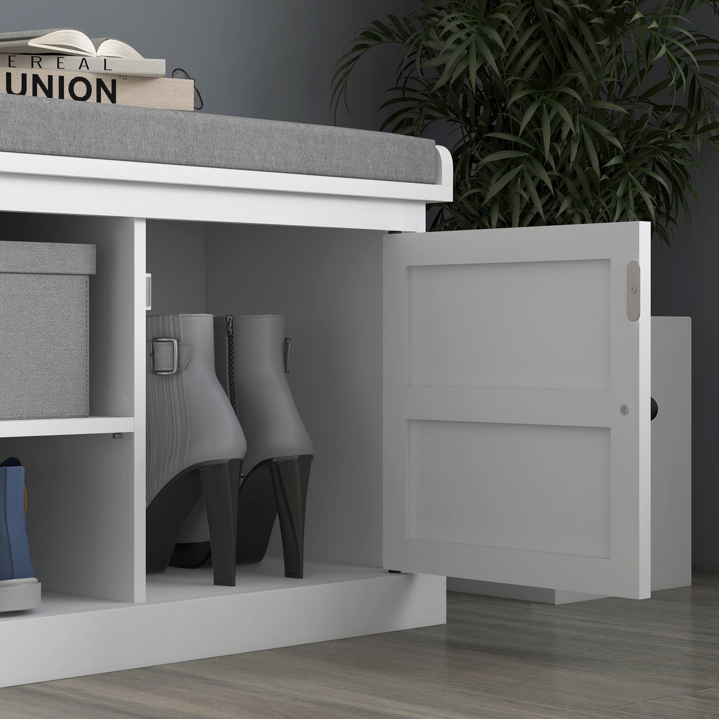 White Shoe Bench with Storage - Comfortable Entryway Seat
