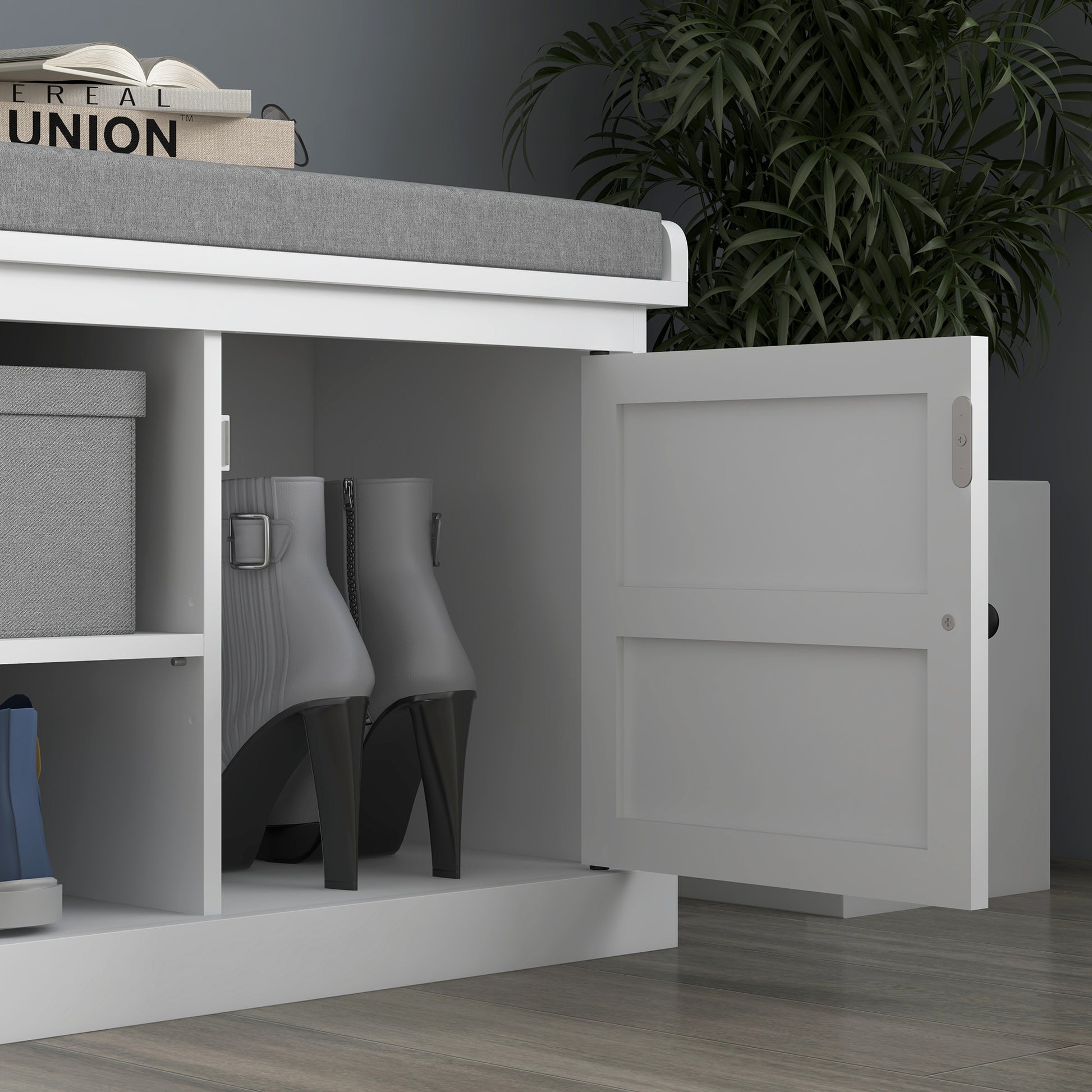 White Shoe Bench with Storage - Comfortable Entryway Seat