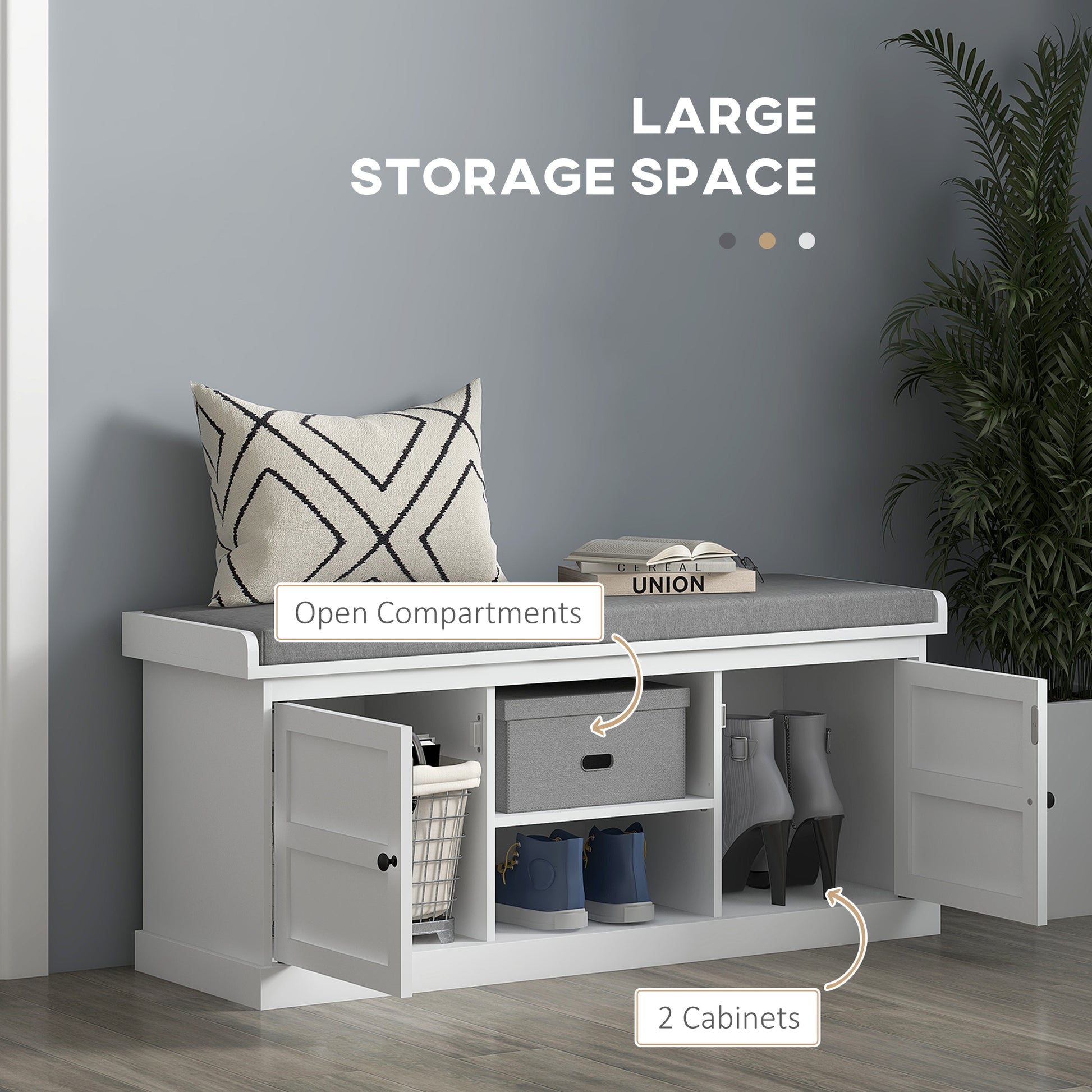 White Shoe Bench with Storage - Comfortable Entryway Seat