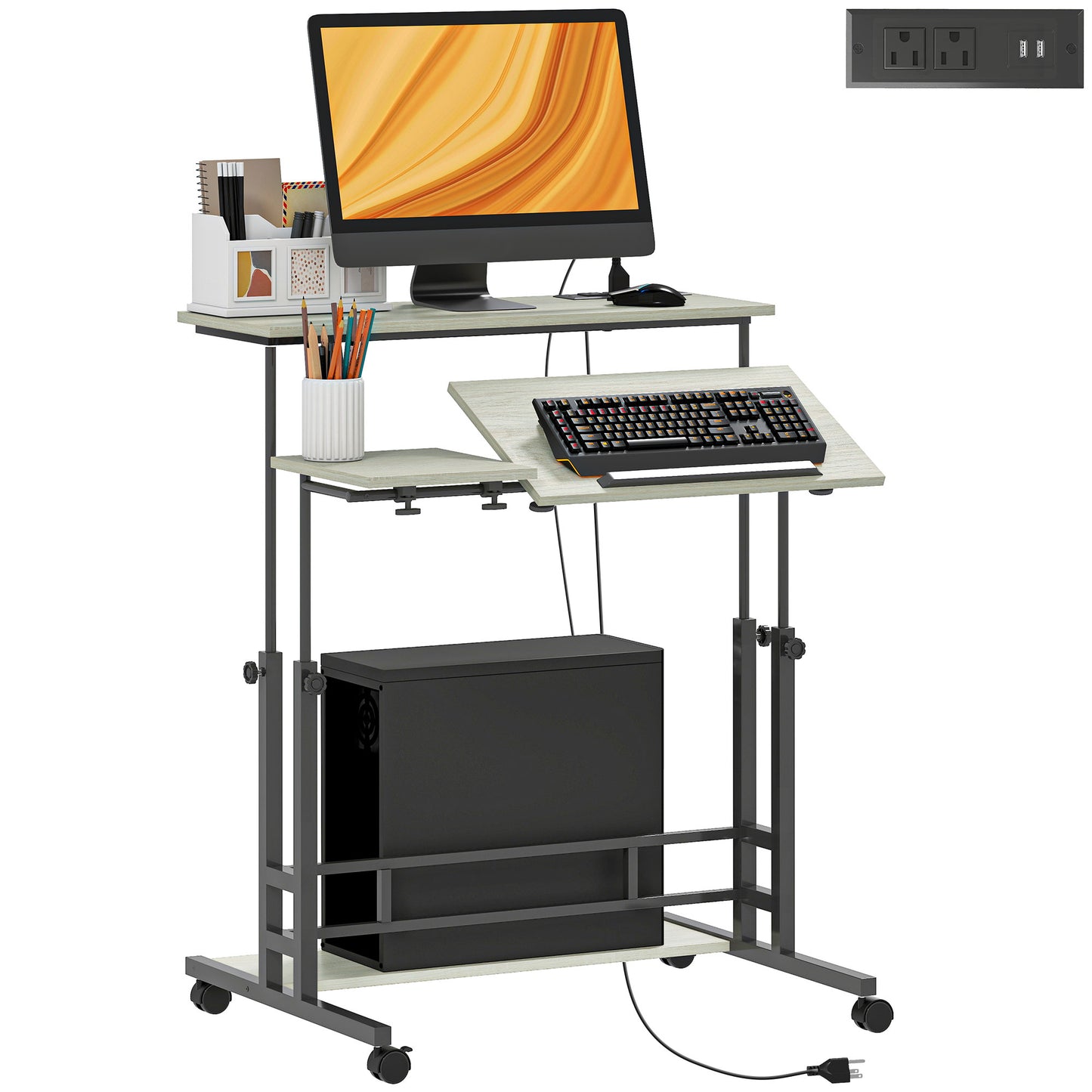 HOMCOM Standing Desk with Power Outlets, Height Adjustable Stand Up Desk with Tiltable Tabletop, Lockable Wheels, Shelf, for Home Office, Oak