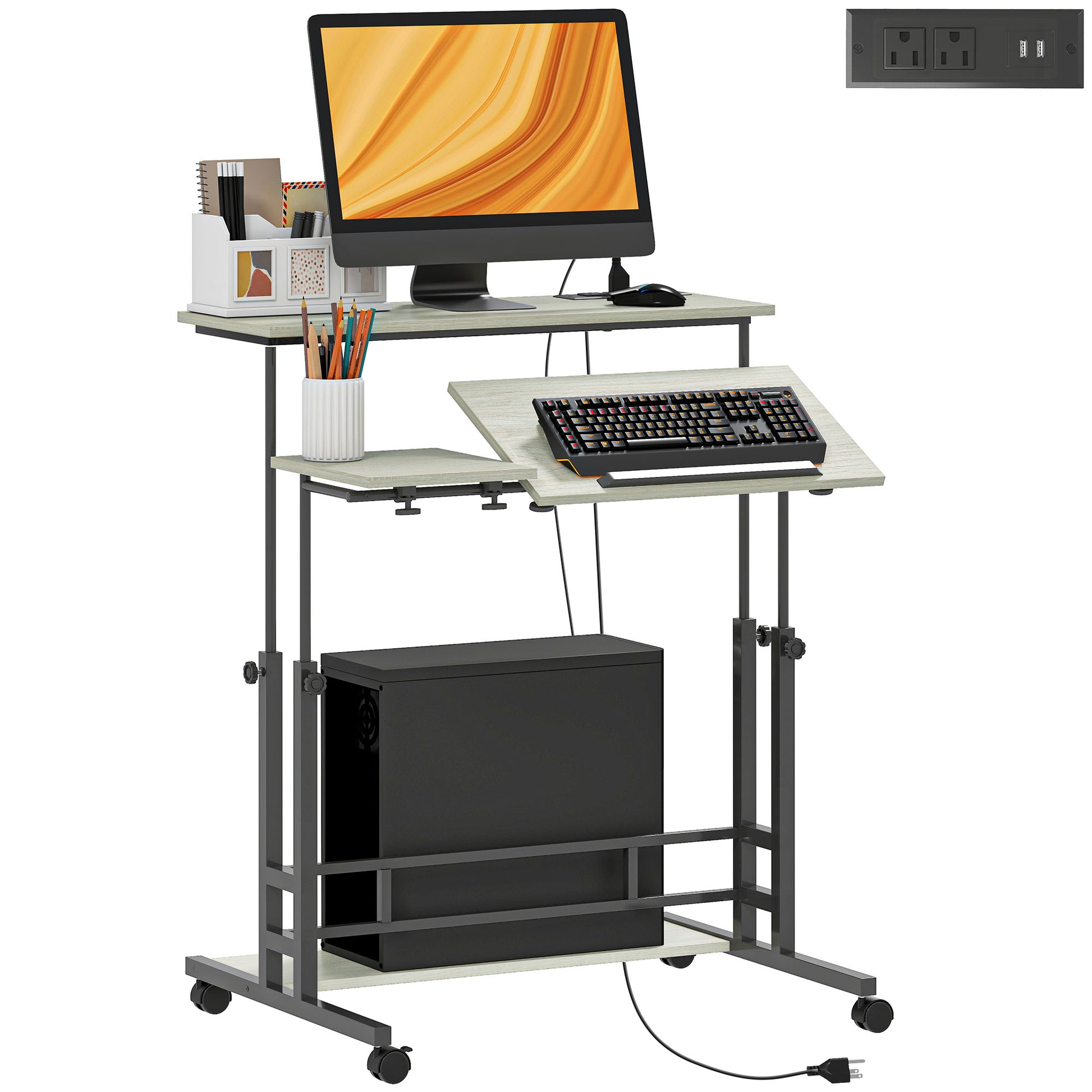 HOMCOM Standing Desk with Power Outlets, Height Adjustable Stand Up Desk with Tiltable Tabletop, Lockable Wheels, Shelf, for Home Office, Oak