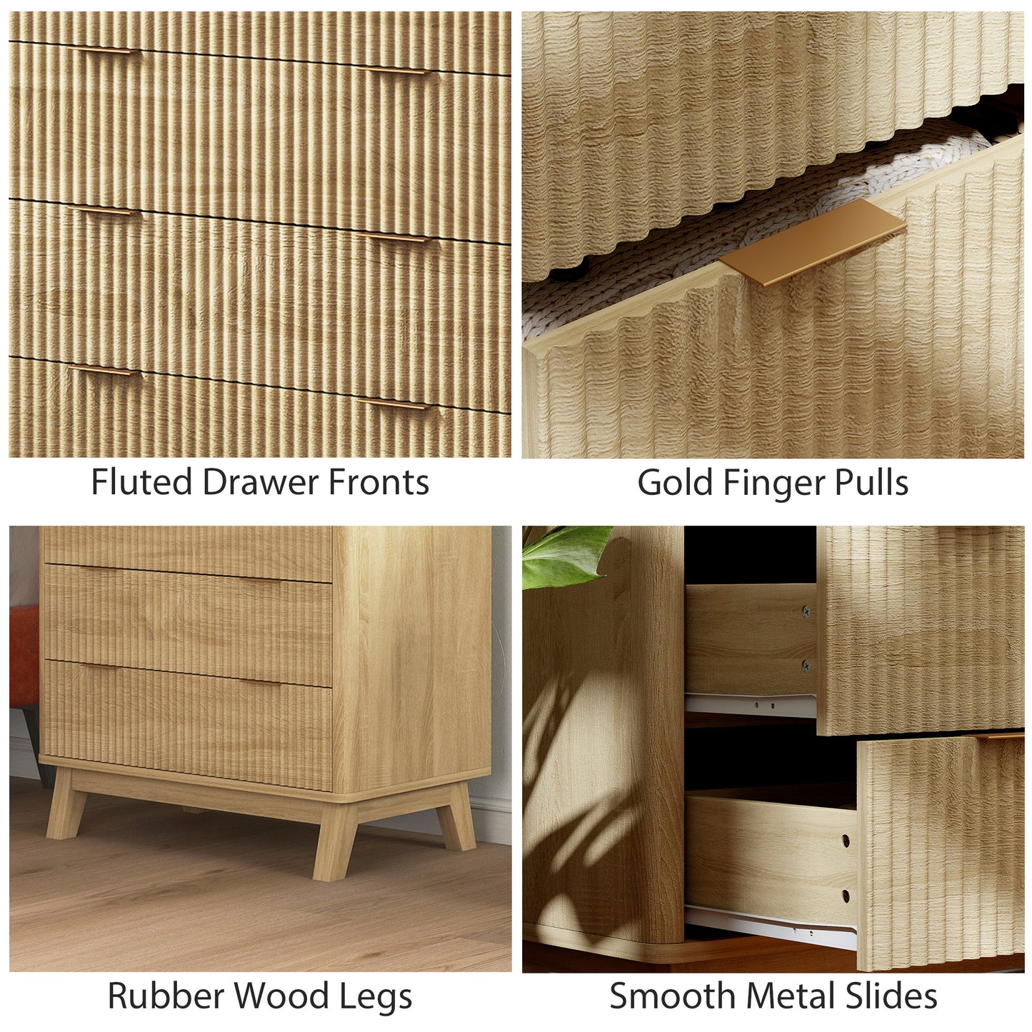 Wood Nightstand with 4 Drawers - MDF Chest of Drawers for Bedroom